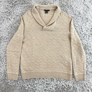 Armani Exchange Sweater Men's XXL Beige Wool Shawl Collar Geometric Cable Knit